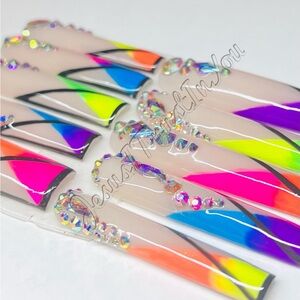 Neon Geometric Nail Set with Rhinestones